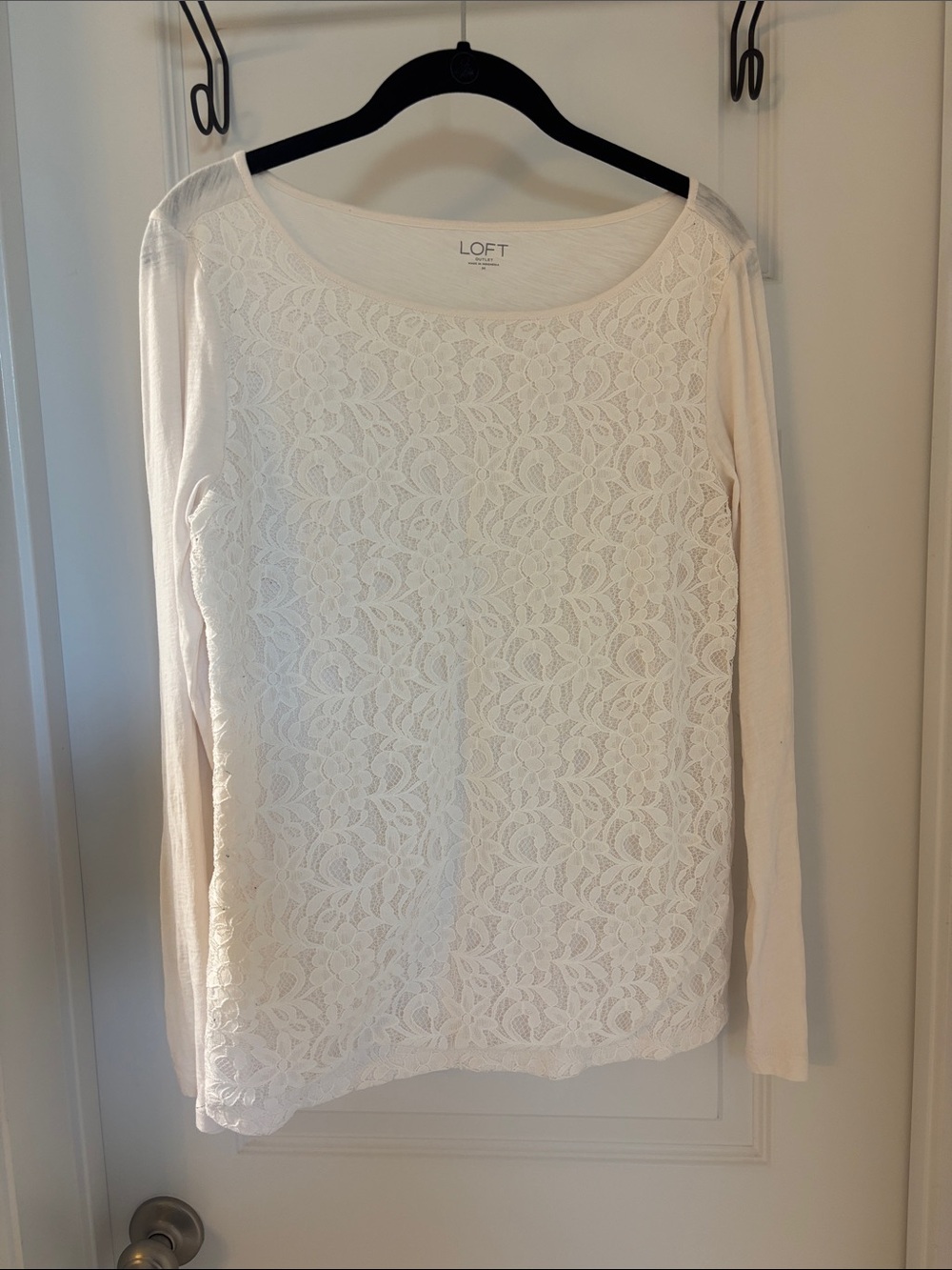 LOFT Cream Lace-Front Long Sleeve Tee